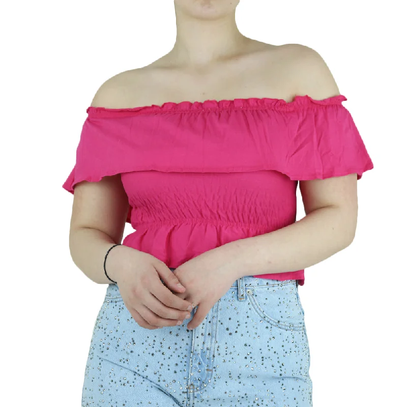 Women's Ruffle Crop Top,Fuchsia Denim Fabric Leather Fabric Suede Fabric