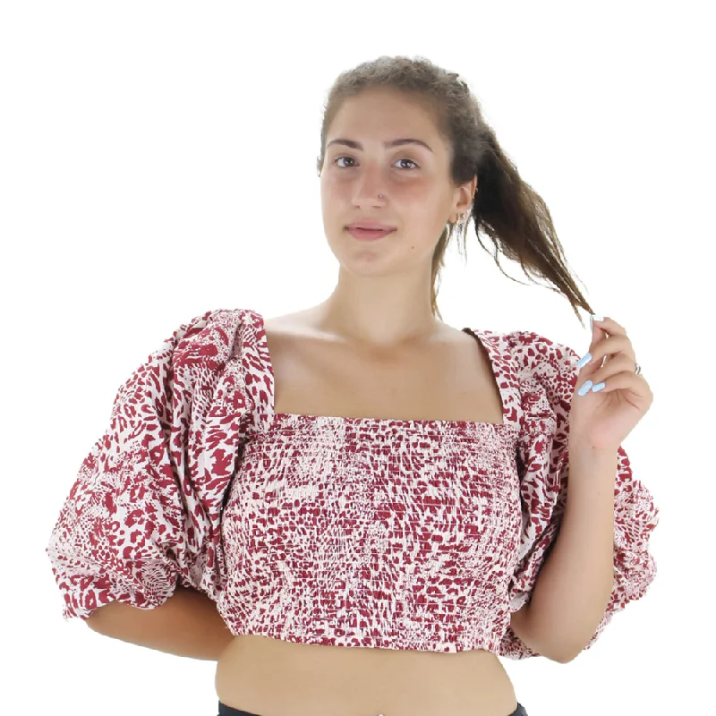 Women's Printed Puff Sleeve Crop Top,Burgundy Polka Dot Checkered Tartan
