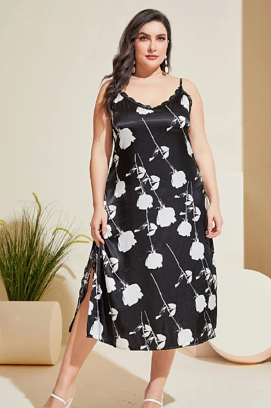 Plus Size Floral Lace Trim Side Slit Night Dress Tunics Recommended stylist