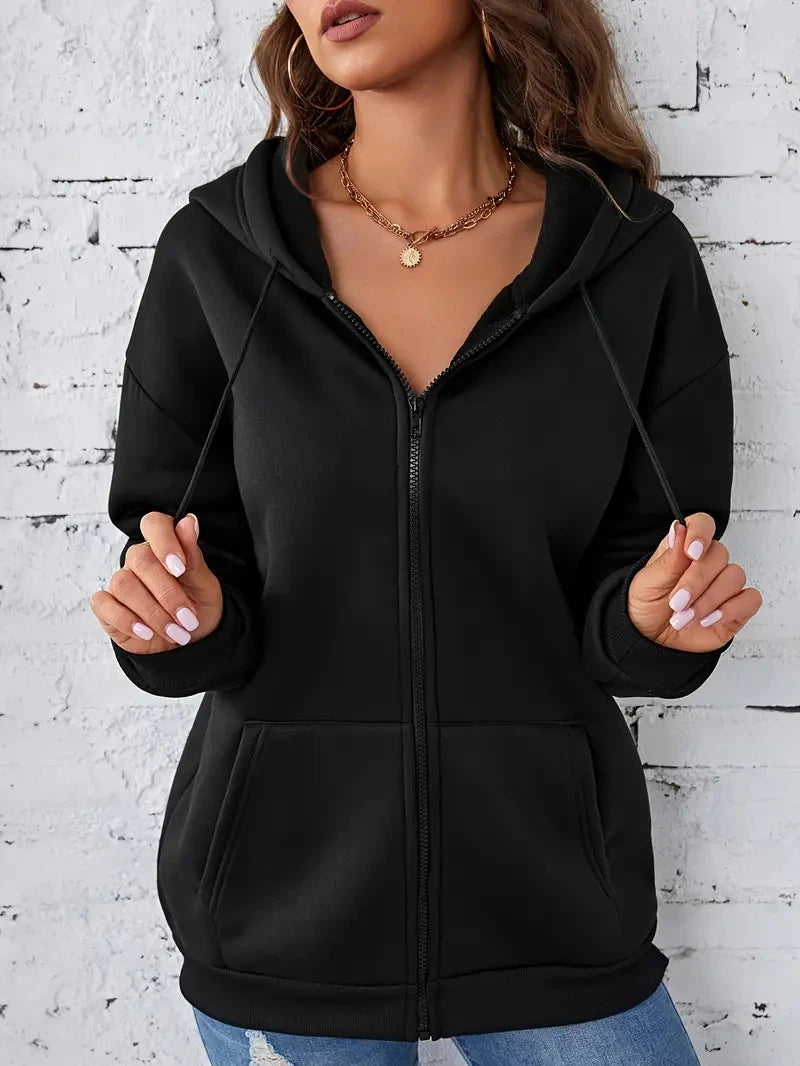 Solid Drawstring Hoodie For Women Autumn And Winter Velvet Thickened Long-sleeved Zip Sweatshirt. Hoodie with Full-Zip Functional Layering Solid Drawstring Hoodie For Women Autumn And Winter Velvet Thickened Long-sleeved Zip Sweatshirt. Hoodie with Full-Zip Functional Layering