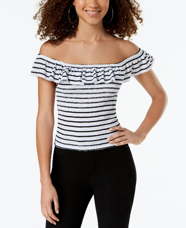 Juniors' Ruffle Smocked Crop Top Spandex Blend Rayon Blend Denim Blend