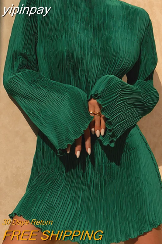 yipinpay 2023 Fashion Green Club Sexy Pleated Mini Wrap Dress Women Outfits Long Sleeve O Neck Evening Party Dress Elegant Autumn 911 Tunics Versatile functional yipinpay 2023 Fashion Green Club Sexy Pleated Mini Wrap Dress Women Outfits Long Sleeve O Neck Evening Party Dress Elegant Autumn 911 Tunics Versatile functional