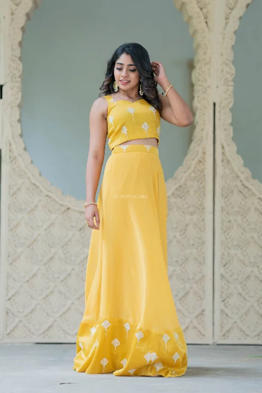 Foil Yellow Crop Top & Skirt With Embroidery & Sequins Lace Blend Ribbed Blend Corduroy Blend