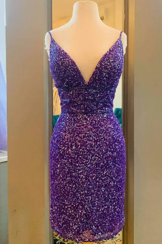 Purple Sequins Tight Short Party Dress gh1561 Tunics Velvet soft