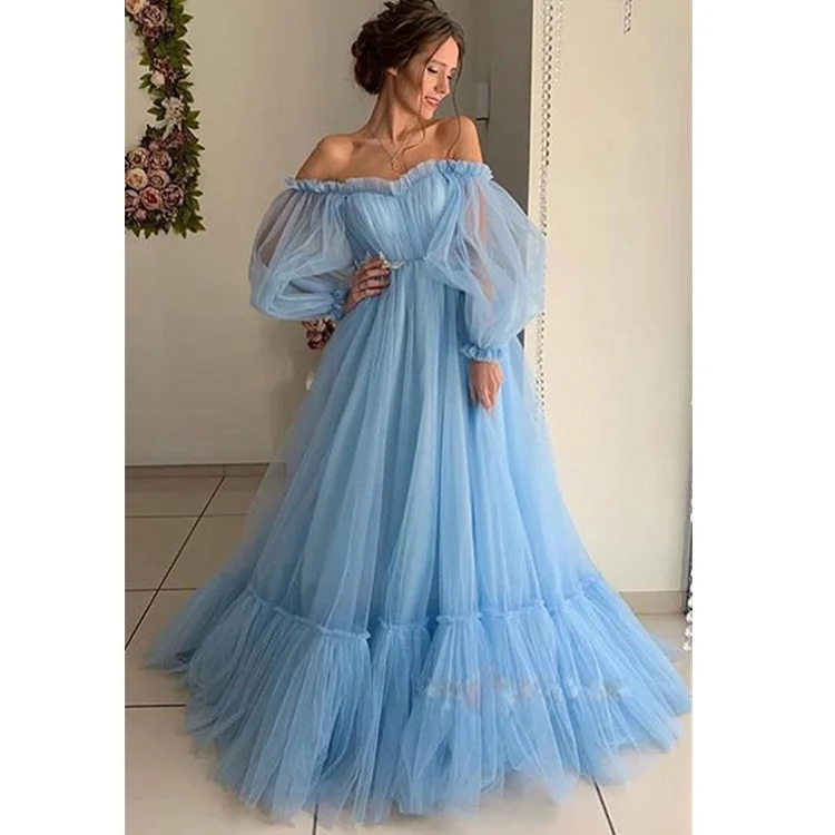 Women Off The Shoulder Tulle Long Party Dresses Satin Halter Glamorous
