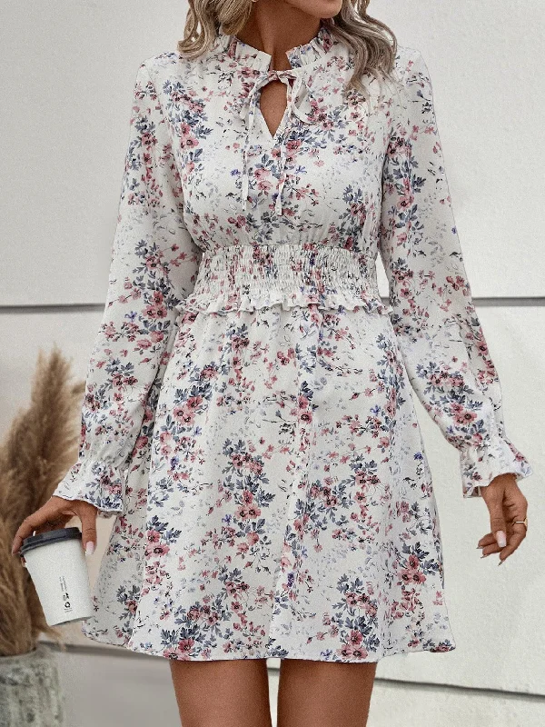 Floral Tie Neck Smocked Waist Dress Tunics Cozy comfortable