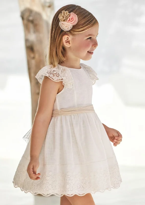 Mayoral Girls' Off White Belted Linen Dress Tunics stripes playful