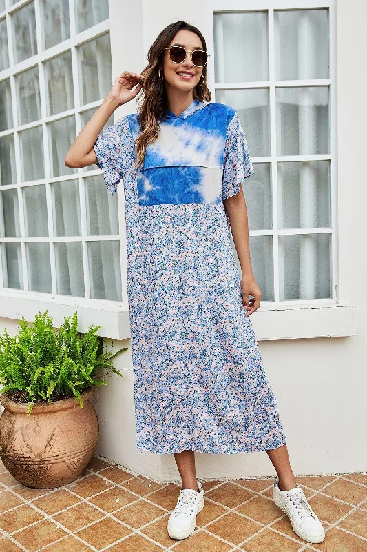 Tie-Dye Floral Flutter Sleeve Hooded Dress Tunics Corduroy durable