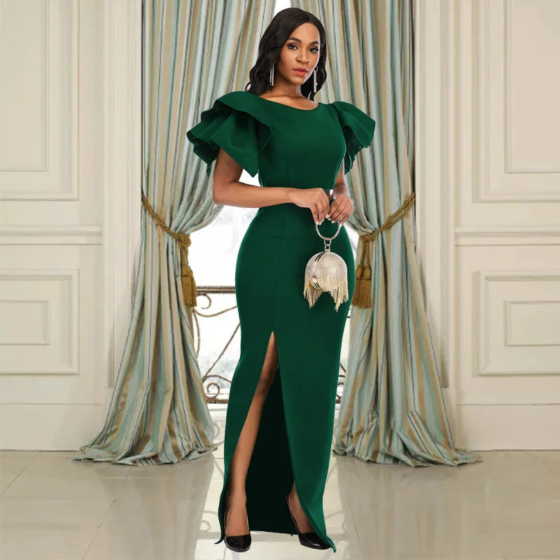 Sexy Ruffled Short Sleeves Women Green Evning Party Dresses Tunics Prom sequined