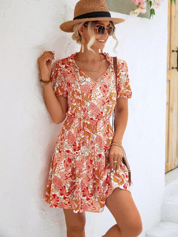 Floral Tie Neck Puff Sleeve Tiered Dress Tunics Timeless classic