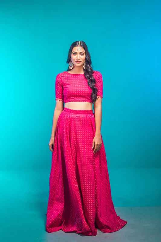 Hot Pink Silk Crop top and Skirt Wool Fabric Cashmere Fabric Tweed Fabric
