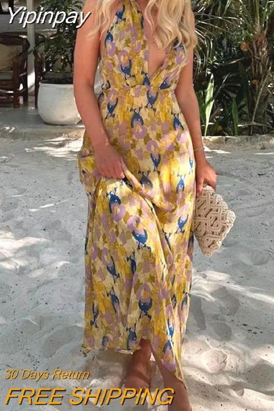 Yipinpay 2023 Print Halter Long Dress Women Summer Sexy Backless Dress Woman Knot Off Shoulder Midi Beach Holiday Party Dresses Crew Neckline Casual Yipinpay 2023 Print Halter Long Dress Women Summer Sexy Backless Dress Woman Knot Off Shoulder Midi Beach Holiday Party Dresses Crew Neckline Casual