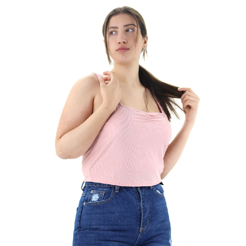 Women's Ribbed Crop Top,Light Pink Mesh Canvas Denim