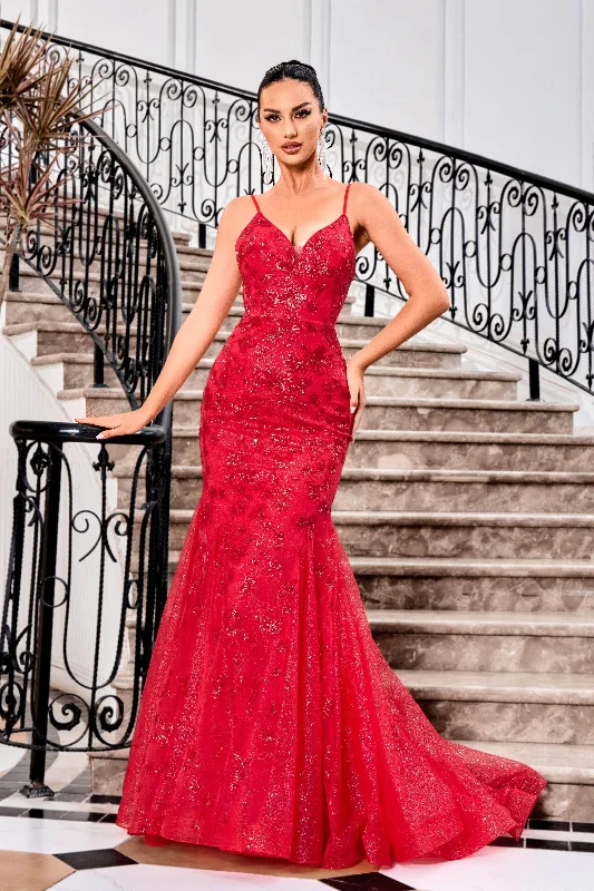 J'Adore Dresses J24031 - Glitter V-Neck Prom Dress Elegant Long Evening