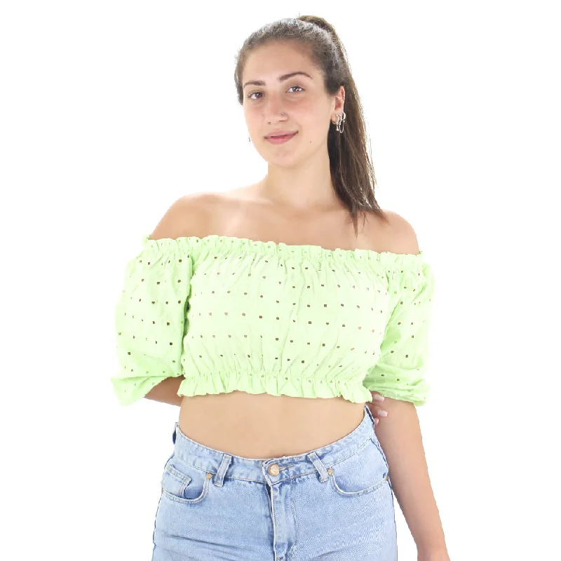 Women's Embroidered Off Shoulder Crop Top,Pistache Summer Crop Top Casual Short Sleeve