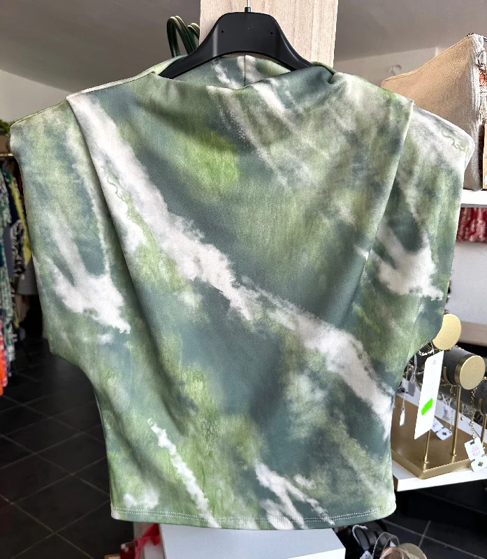 Green abstract padded shoulder crop top Cotton Fabric Linen Fabric Terry Fabric