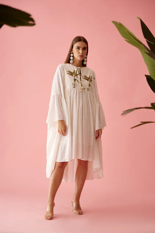 Cream Banana Tree Print Yoke Frill Dress Tunics Office stylish