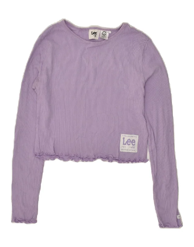 LEE Womens Crop Top Long Sleeve UK 10 Small Purple Cotton Polka Dot Checkered Tartan