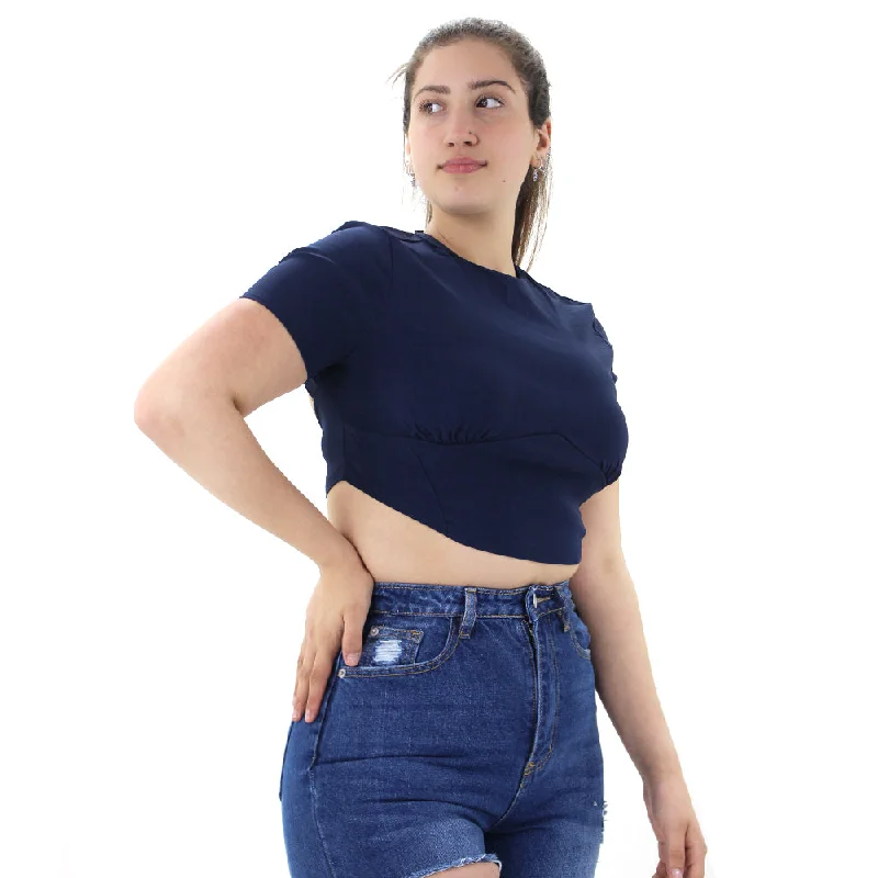 Women's Open Back Crop Top,Navy Casual Formal Business