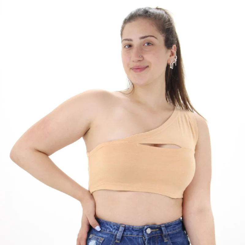 Women's One shoulder Crop Top,Peach Layered Multi-layer Single Layer