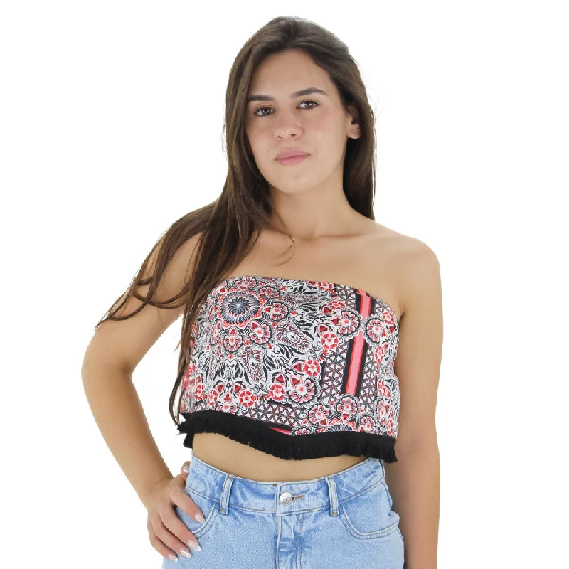 Women's Printed Crop Top With Tassel Fri,Multi Lace Blend Ribbed Blend Corduroy Blend