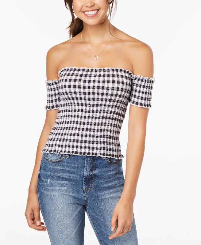 Juniors' Printed Smocked Off-The-Shoulder Crop Top Mesh Blend Leather Blend Suede Blend