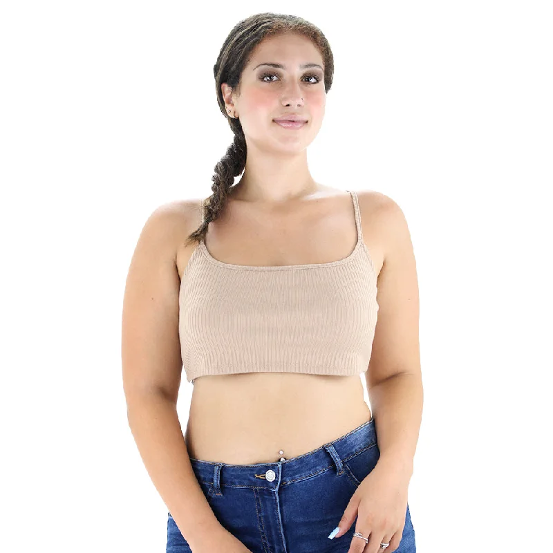 women's Ribbed Spaghetti Straps Crop Top,Beige Welt Pockets Slit Pockets Flap Pockets
