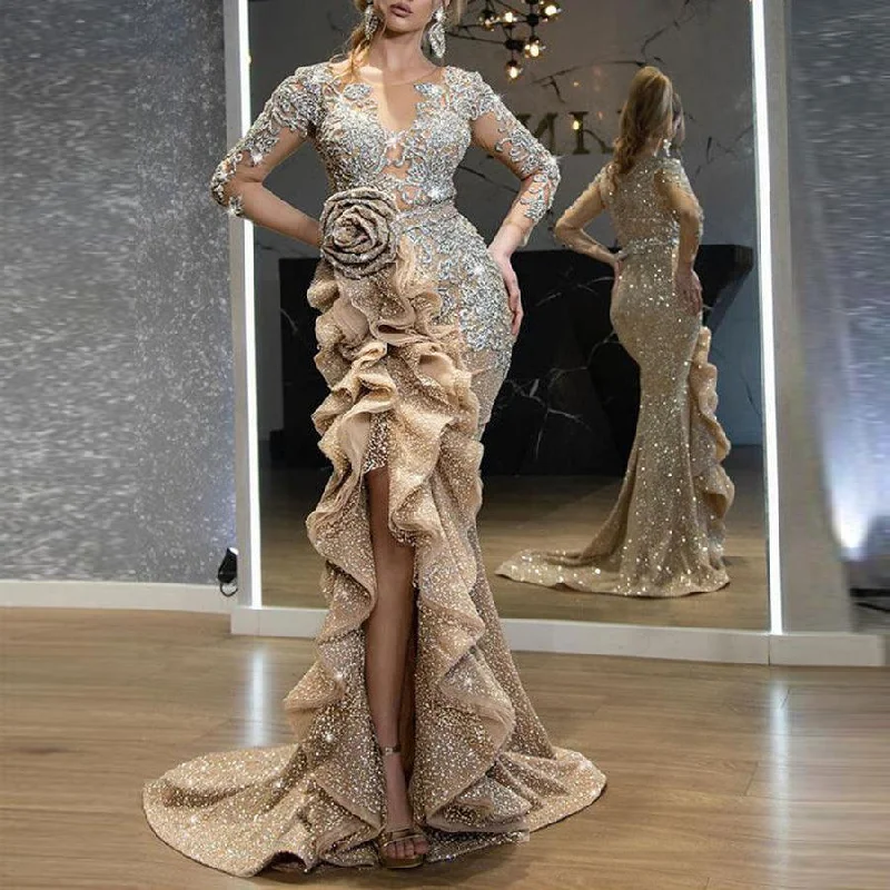 Luxurious dress with gold-colored sequins and gathered slit A-Line Day Work