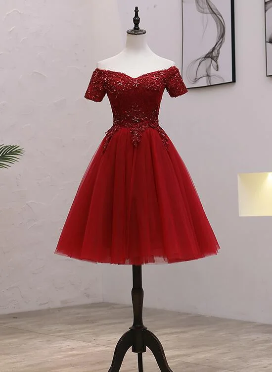 Tulle Dark Red Off The Shoulder Knee Length Homecoming Dress, Red Party Dress gh490 Tunics Distressed trendy Tulle Dark Red Off The Shoulder Knee Length Homecoming Dress, Red Party Dress gh490 Tunics Distressed trendy