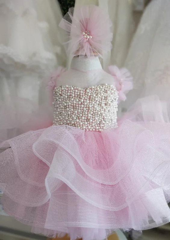 Moon and Star Girl's Pink Beaded Dress Tunics Spring floral