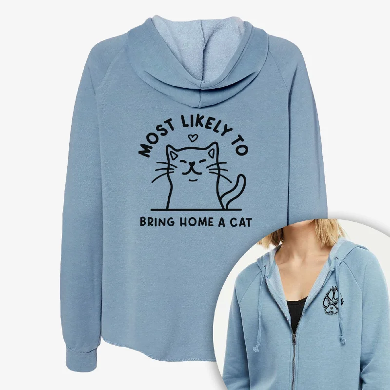 Most Likely to Bring Home a Cat - Women's Cali Wave Zip-Up Sweatshirt. Hoodie with Front Slit Layering Stylish Most Likely to Bring Home a Cat - Women's Cali Wave Zip-Up Sweatshirt. Hoodie with Front Slit Layering Stylish