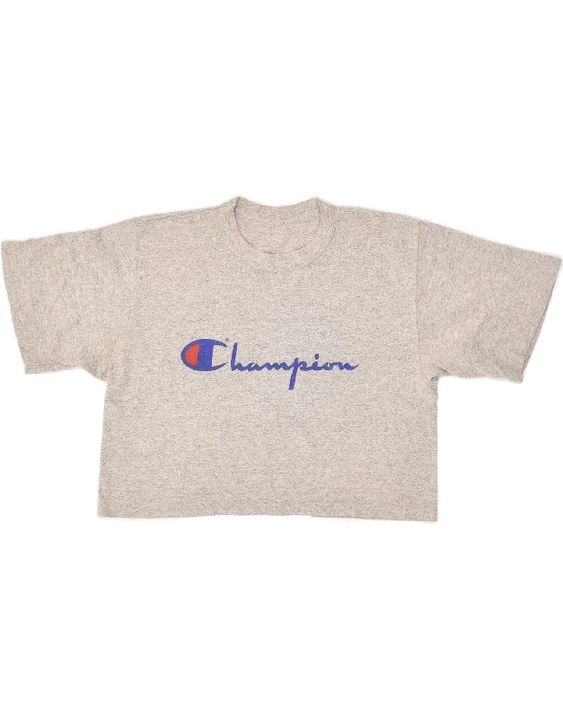 CHAMPION Womens Graphic Crop Top UK 12 Medium Grey Handmade Hand-knitted Hand-woven