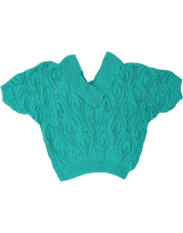 VINTAGE Womens Knit Crop Top UK 20 2XL Turquoise Striped Floral Plaid