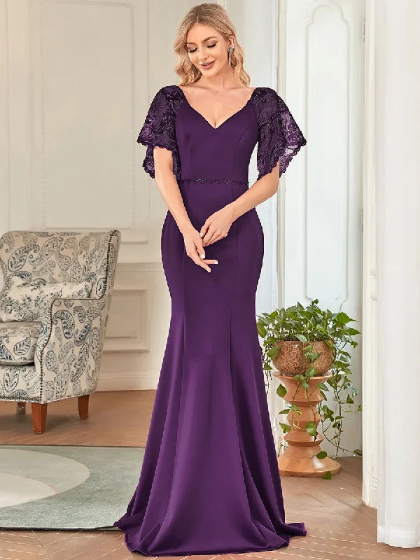 Sexy Maxi Long Deep V Neck Wholesale Party Dress With Flare Sleeves Sequined Elegant Party