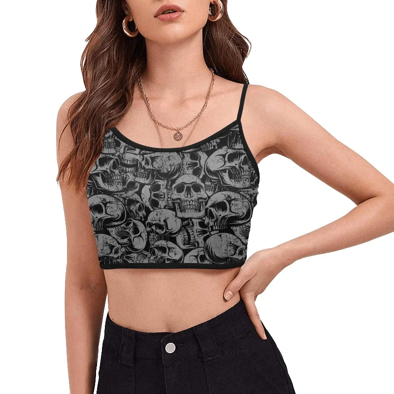 Women's Spaghetti Strap Crop Top Black Skulls Print Elegant Classic Vintage