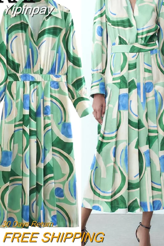 Yipinpay 2023 Printed Shirt Dress Woman Pleated Long Dress Women Long Sleeve Elegant Casual Women's Dresses Midi Party Dresses Tunics Brand named Yipinpay 2023 Printed Shirt Dress Woman Pleated Long Dress Women Long Sleeve Elegant Casual Women's Dresses Midi Party Dresses Tunics Brand named