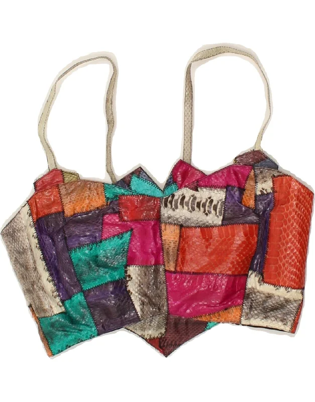 VINTAGE Womens Crop Top UK 4 XS Multicoloured Patchwork Ribbed Crop Top High Neck Heavyweight