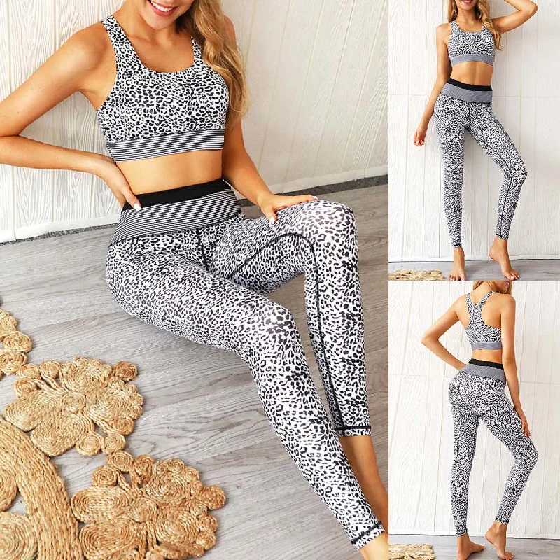 Women Leopard Patchwork Crop Top High Waist Pant Sport Yoga Two-Piece Outfit Knit Fabric Woven Fabric Fleece Fabric