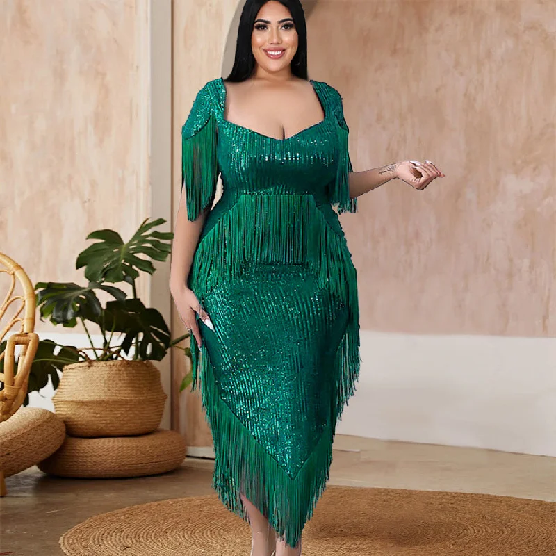 Designed Green Tassels Plus Sizes Party Dresses Tunics Practical durable