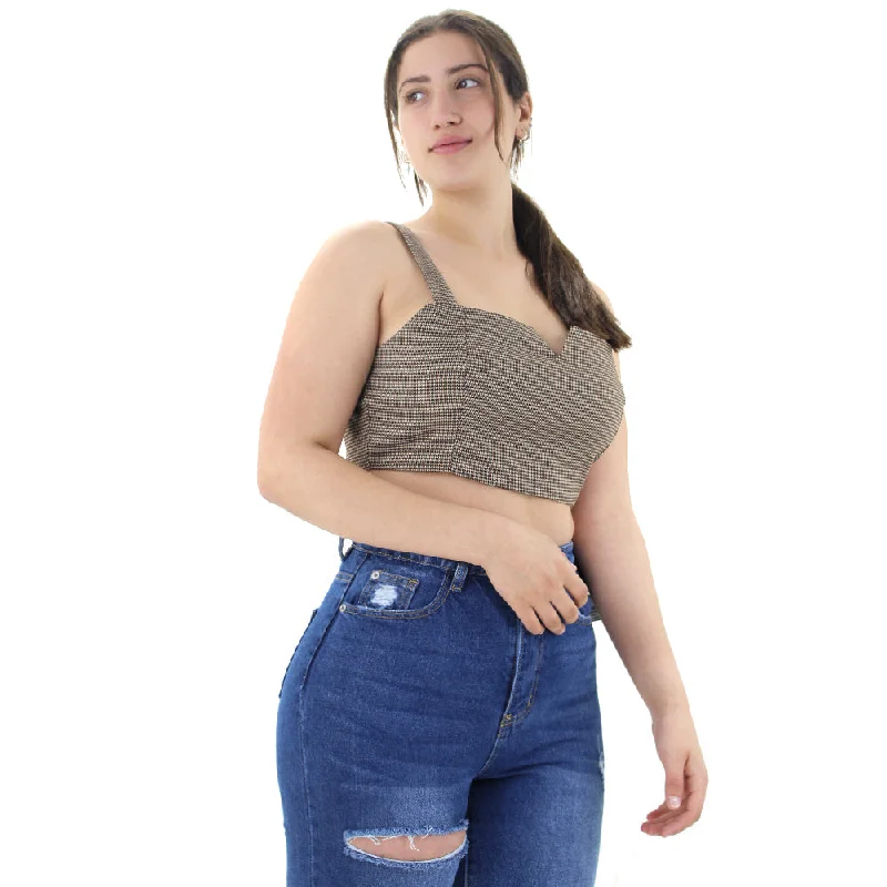 Women's Printed Crop Top,Brown Graphic Embroidered Appliqued
