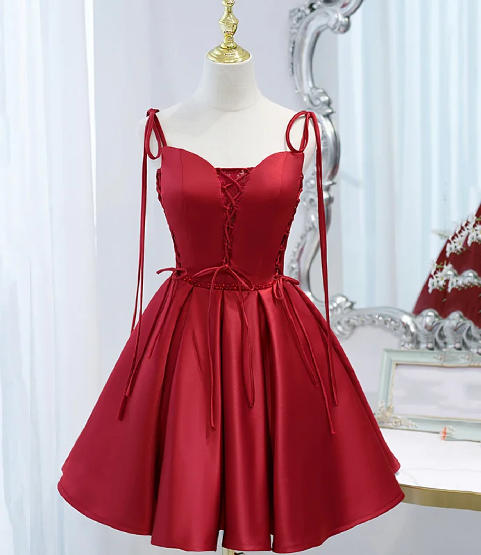 Burgundy satin lace-up short prom dress party dress  10098 Tunics Chic fashionable