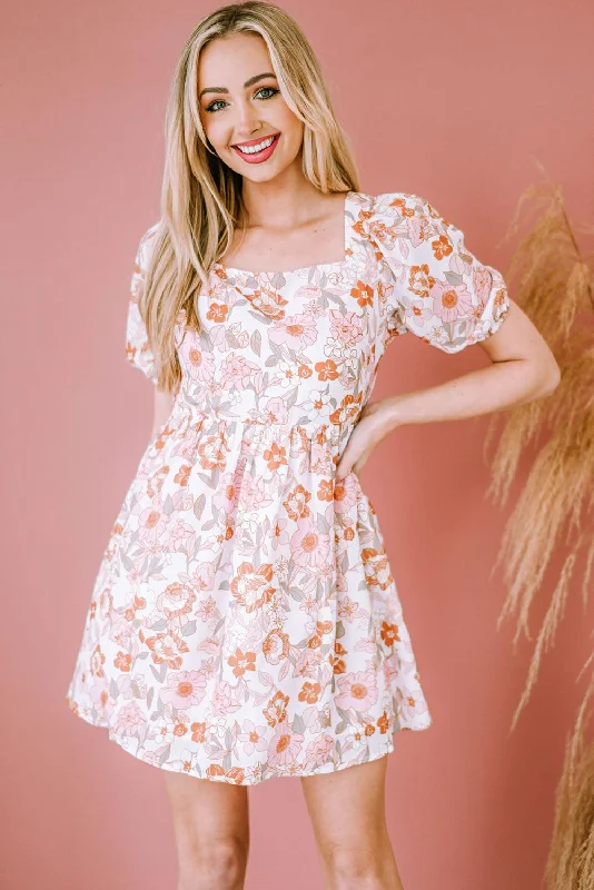 Floral Tie-Back Puff Sleeve Dress Tunics Review highly