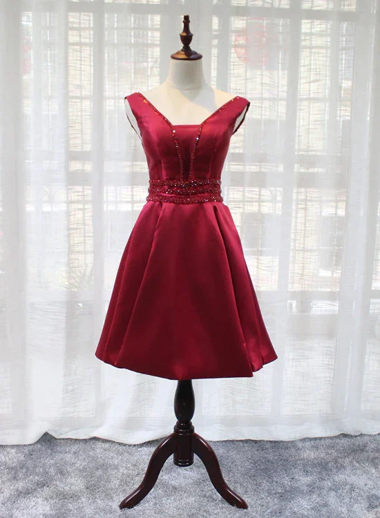Beautiful Dark Red Satin V-Neckline Party Dress, Charming Short Homecoming Dress gh531 Tunics Practical durable Beautiful Dark Red Satin V-Neckline Party Dress, Charming Short Homecoming Dress gh531 Tunics Practical durable