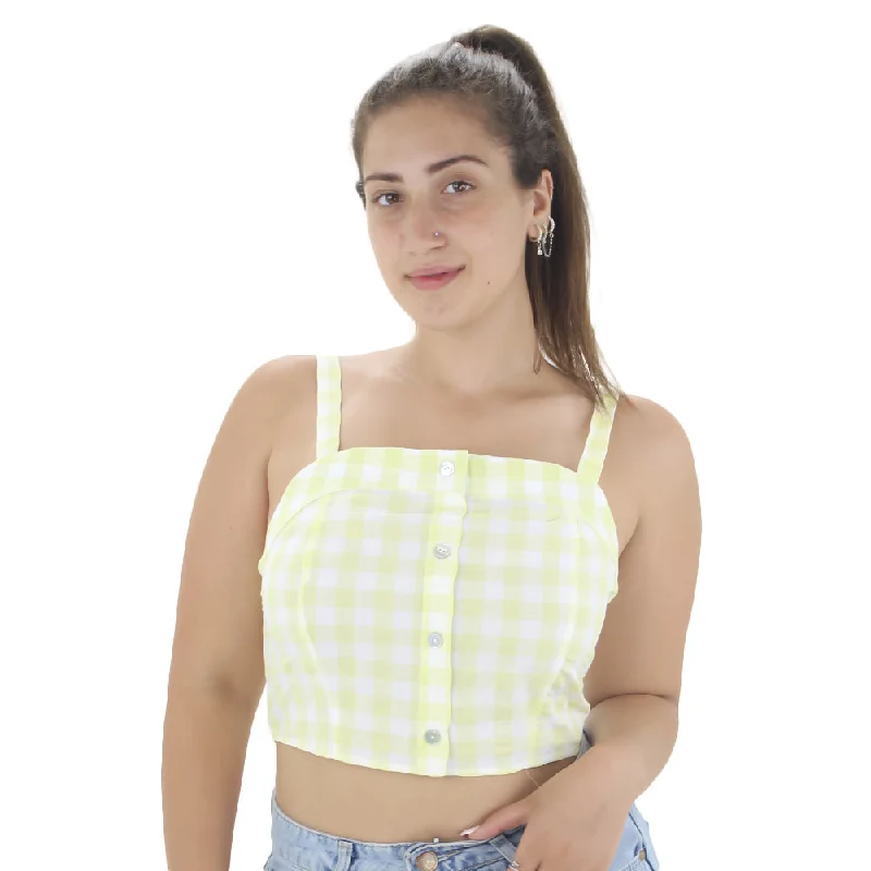 Women's Plaid Square Neck Crop Top,Yellow Knit Fabric Woven Fabric Fleece Fabric