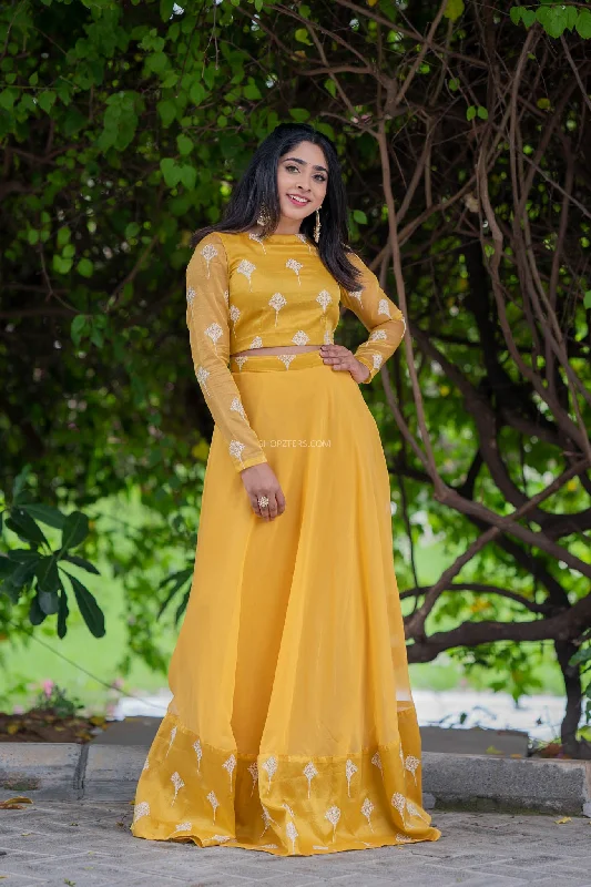 Foil Yellow Full Hand Crop Top & Skirt With Embroidery & Sequins Polka Dot Checkered Tartan