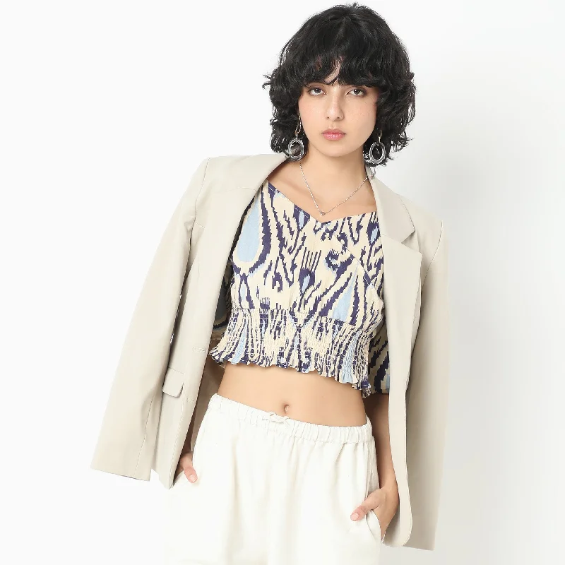 Boxy Fit Printed Crop Top Notch Collar Peter Pan Collar Cowl Neck