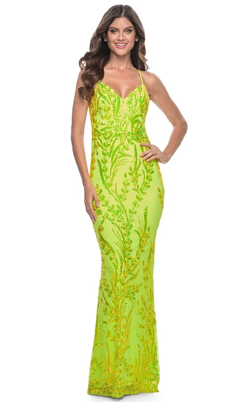 La Femme 32343 - V-Neck Open Back Prom Dress Tunics Distressed trendy