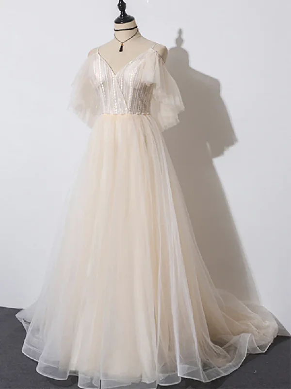 Beautiful Champagne Tulle Long A-Line Party Dress, Evening Gown gh474 Crew Neckline Casual Beautiful Champagne Tulle Long A-Line Party Dress, Evening Gown gh474 Crew Neckline Casual