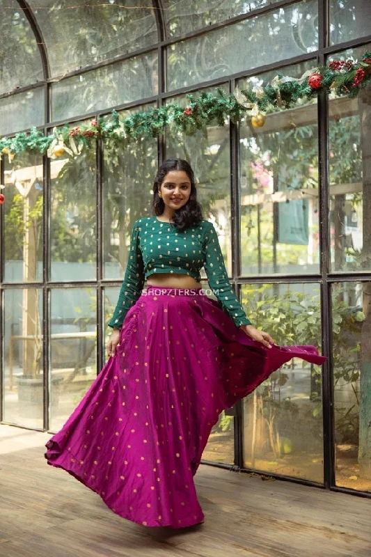 Bottle Green Crop Top and Purple Skirt with Gold Butta Zippered Front Buttoned Front Snap Front