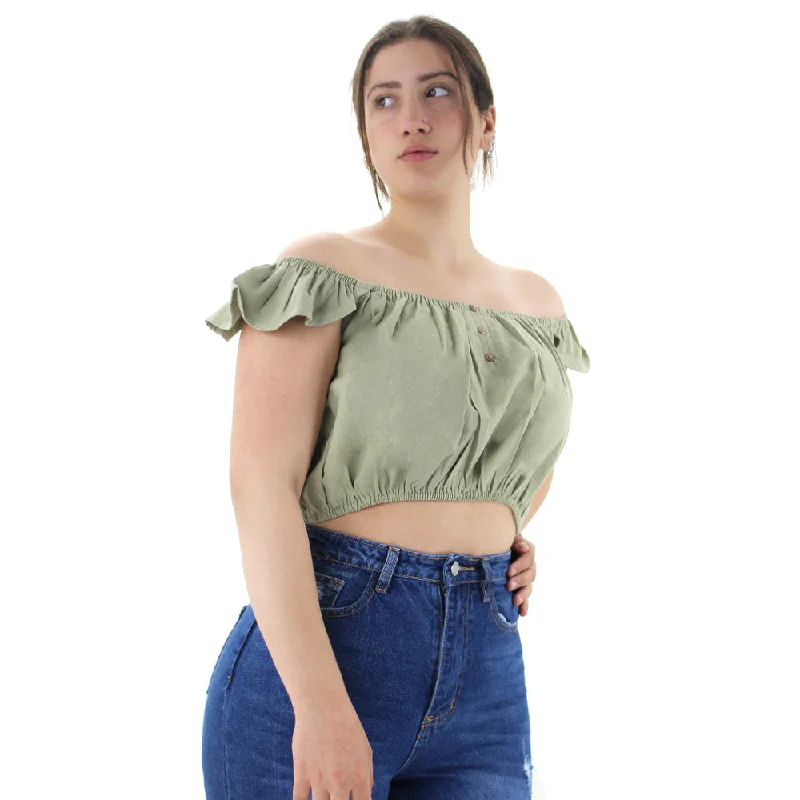 Women's Frill Denim Crop Top,Olive Fashionable Trendy Casual
